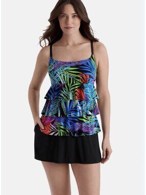 Longitude  Faux Ruffle Skirtini Long Torso Swimsuit 1PC Skirtini Size 16 Beachy